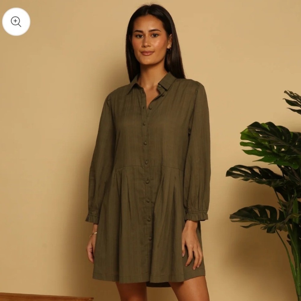 Shore Brand Olive Green Grid Long Sleeve Button Front Pleated Shirt Dress Sm NWT